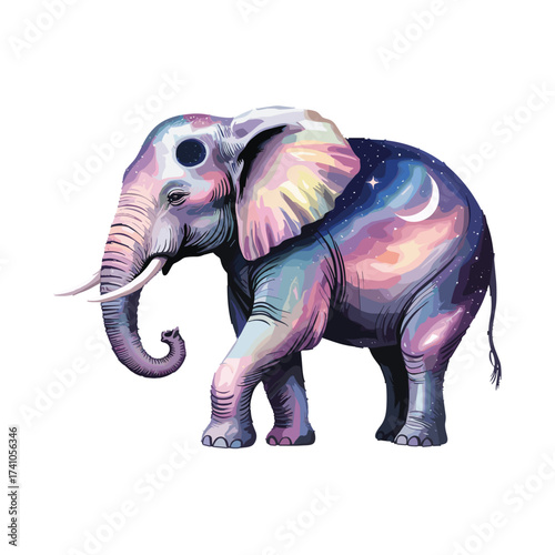 Dreamy elephant T-shirt Design illustration. Elephant with universe patterns. Watercolor style drawing of elephant for apparel printing. Cosmic animal. Stars and moon on elephant body.