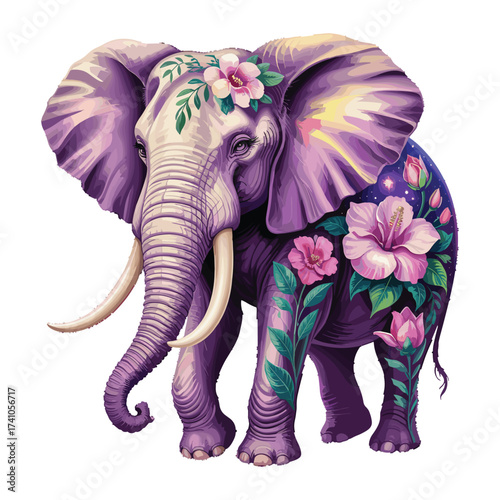 Whimsical elephant T-shirt design. Adorned with flowers leaves. Fantasy animal illustration. Elegant floral pattern on creature skin.