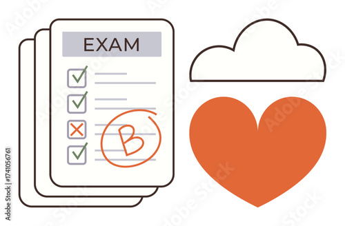 Exam paper with checklist and grade B, next to orange heart and cloud outline. Ideal for education, evaluation, progress tracking, goal-setting, emotional reaction, feedback, and student performance