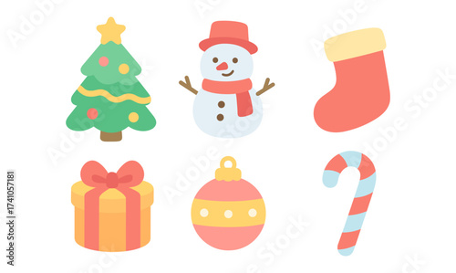 Festive flat design christmas icons including tree, snowman, and candy cane