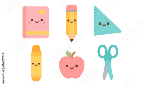 Cute kawaii school supplies: notebook, pencil, eraser, ruler, apple, scissors