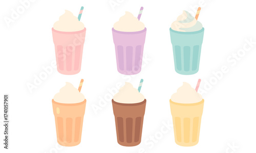 Colorful flat milkshake set with straws in pastel shades