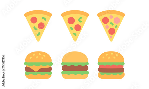 Colorful flat design pizza and burger icons for modern food themes