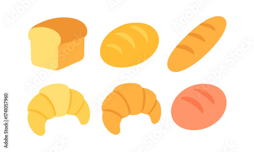 Set of flat bread icons including baguette, croissant, and loaf