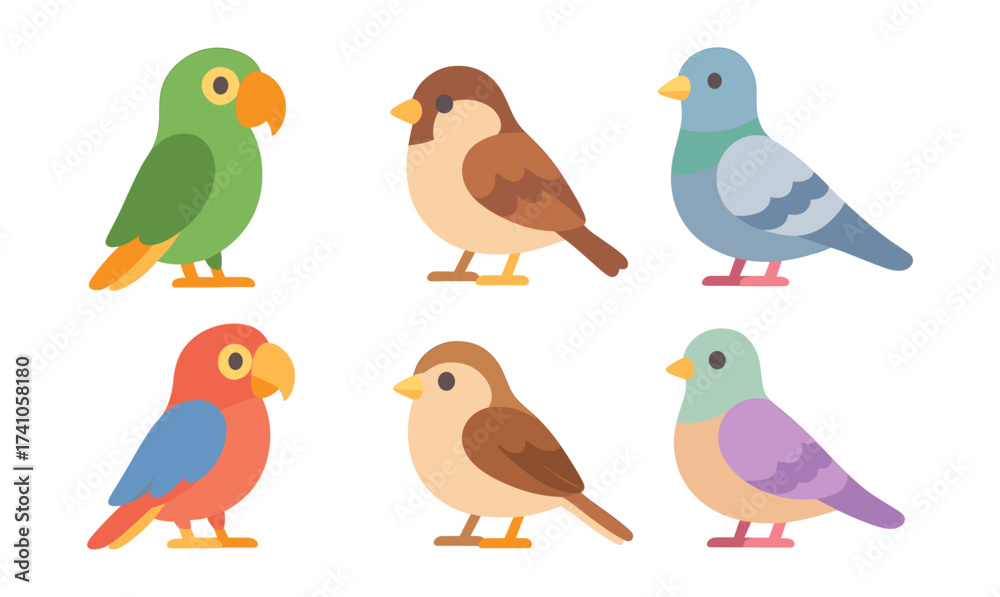 Naklejka premium Colorful set of flat style cartoon birds on a white background