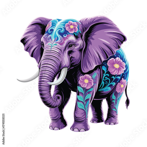 Full body purple elephant adorned with elaborate floral patterns and swirls. Ornate animal illustration ideal for T-shirt Design and decorative prints.