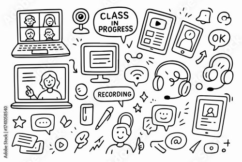 Hand-drawn Doodle Style Vector Set of Virtual Classroom Doodles with Video Calls and Webcams, Black Outline Sketch Illustrations, Ideal for Both Digital and Print Use
