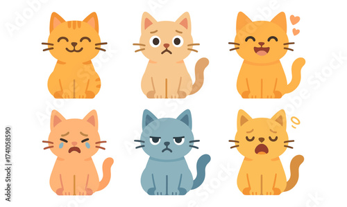 Cute cartoon cats expressing different emotions in a simple flat style
