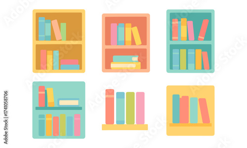 Colorful flat bookshelves with vibrant books in minimalist design