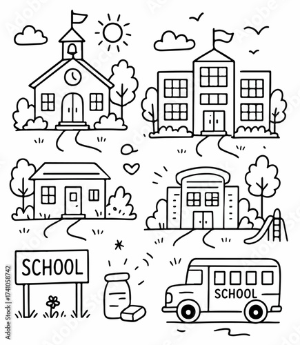 Hand-drawn Doodle Style Vector Set of School Building Exteriors, Black Outline Sketch Illustrations, Ideal for Both Digital and Print Use
