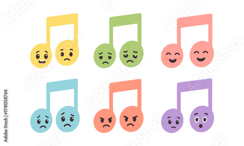 Colorful musical note emojis expressing different emotions