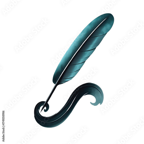 Teal feather quill with black ink swirl writing calligraphy