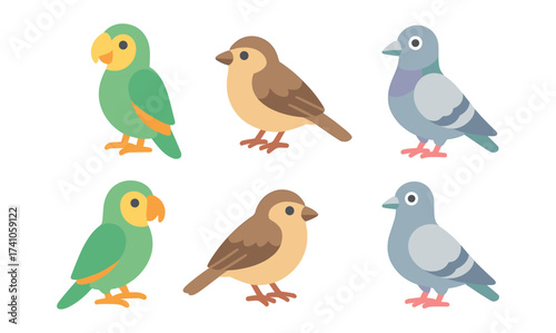 Cute cartoon birds set with parrot, sparrow, and pigeon in flat style