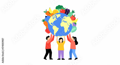 A diverse community of people lifting the Earth, which is overflowing with healthy fruits and vegetables.