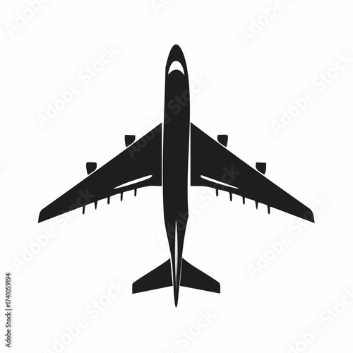 Simple black silhouette of a passenger jet airplane from a top-down view, a minimalist icon for aviation and travel