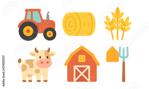 Charming farm life icons featuring tractor, barn, and cow in playful cartoon style