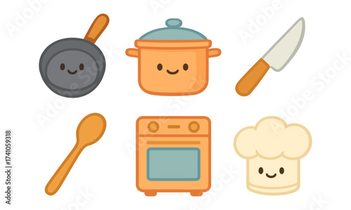 Cute kitchen utensils with smiling faces: cartoon style cooking tools