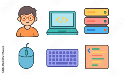 Flat style programming icons set: developer, laptop, code, mouse, keyboard, server