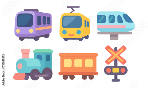 Colorful flat design train set with cartoon style rail transport elements
