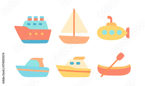 Colorful nautical vessels in flat style for maritime themes