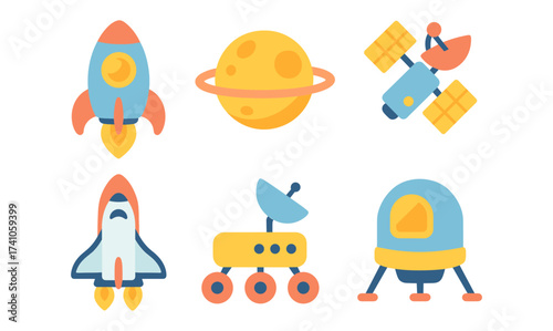 Playful space icons: rockets, planets, satellites, and rovers in flat design