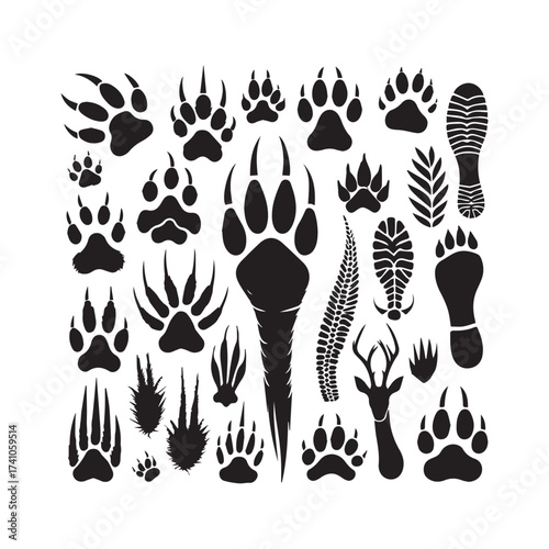 Extensive collection of black animal paw prints and shoe prints with deer head and plant elements on a white background Keywords: paw print, animal tracks, footprint, shoe print, boot print, deer