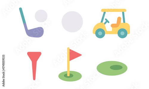Simple flat design golf elements set with clubs, cart, and flag