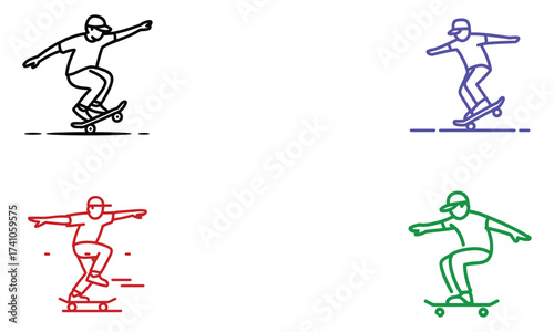 Colorful skateboard icons showing people doing skateboarding tricks
