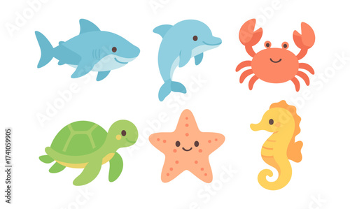 Colorful marine animals set in cute cartoon style: shark, dolphin, crab, turtle, starfish, seahorse