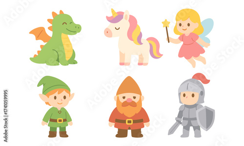 Cute fantasy characters: dragon, unicorn, fairy, elf, dwarf, knight for kids