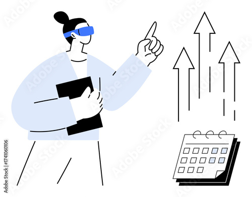 Person wearing VR headset, holding tablet, pointing at upward arrows next to the calendar. Ideal for innovation, growth, future planning, business trends, data analysis education technology. Simple