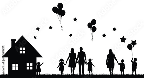 Silhouetted family with balloons standing in front of a house and stars