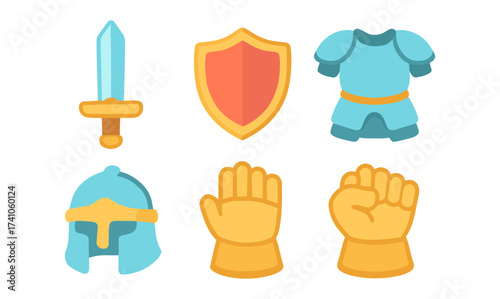 Medieval icons collection featuring sword, shield, armor, helmet, and gauntlets in flat cartoon style
