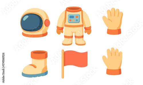 Colorful cartoon space suit elements: helmet, gloves, boots, flag