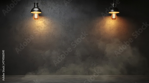 Two industrial pendant lights illuminate a textured concrete wall with wisps of smoke