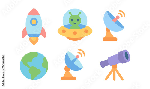 Colorful space exploration icons featuring rocket and alien spaceship