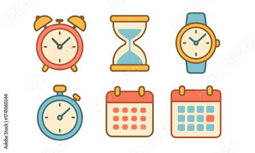 Variety of time management icons featuring clocks and calendars