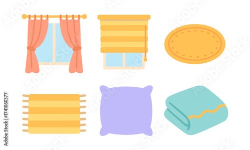 Cozy home decor elements featuring curtains, blinds, and soft textiles in flat design