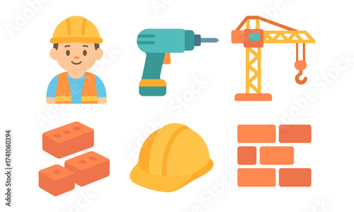 Construction tools and worker icons in flat style
