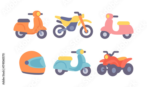 Colorful scooters and motorbikes in flat design