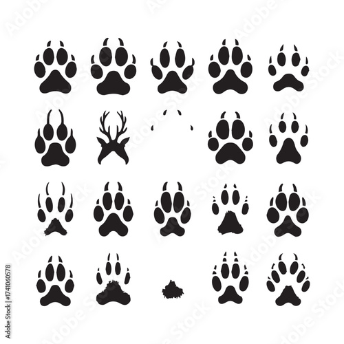 Grid of Black Animal Paw Prints and Wildlife Icons Including Antlers and Droppings on White Background