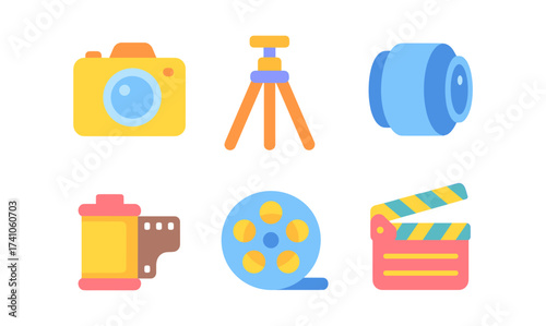 Colorful film and photography icons set featuring camera and film equipment