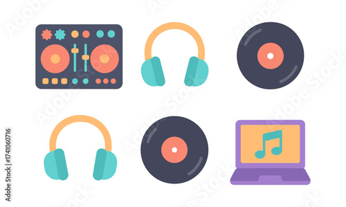 Flat design dj equipment with headphones, turntables, and music symbols