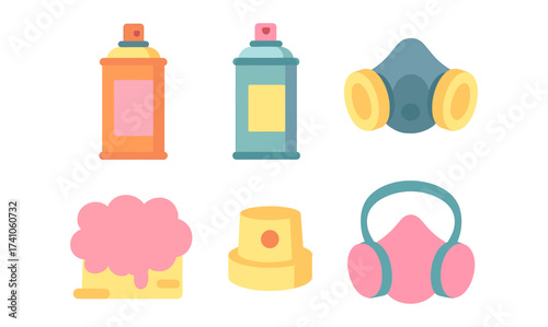 Colorful spray paint and protective masks icon collection