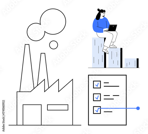 Factory emitting smoke, checklist with blue ticks, person with laptop seated on rising bar chart. Ideal for industry, progress tracking, business growth, productivity, efficiency, planning data