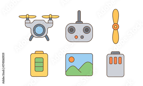 Drone equipment icons set featuring controller, battery, and propeller in flat design