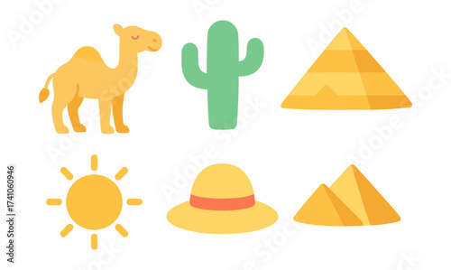 Colorful desert adventure icons with camel, cactus, and pyramid