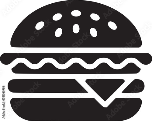 A black and white graphic illustration of a burger with seeds on top and a slice of cheese inside