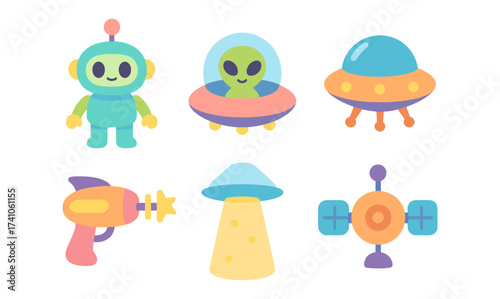 Colorful flat design of robots aliens and spacecraft for kids' themes