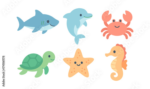 Cute marine animals: cartoon shark, dolphin, crab, turtle, starfish, seahorse